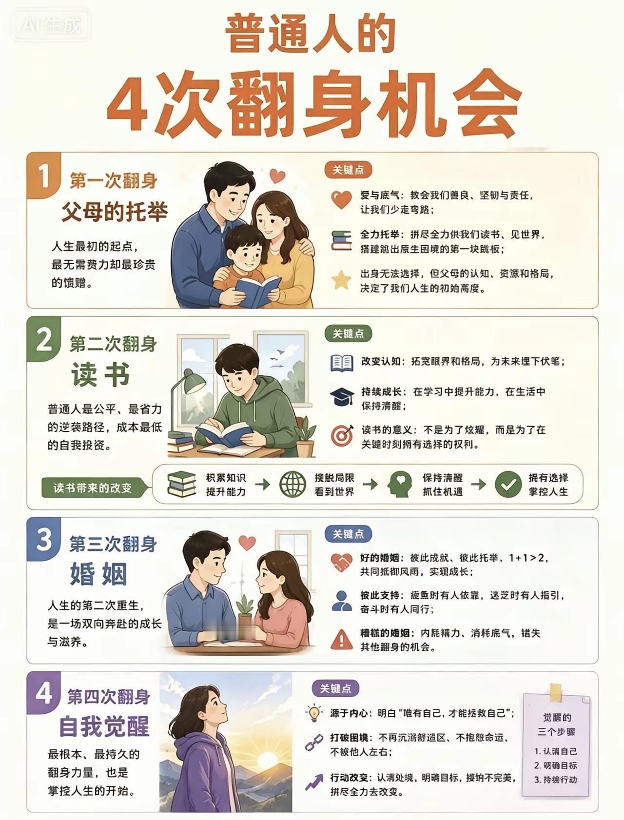 普通人这辈子，一共就4次翻身改命的机会：第一次靠父母托举，给你打底子、铺前路；