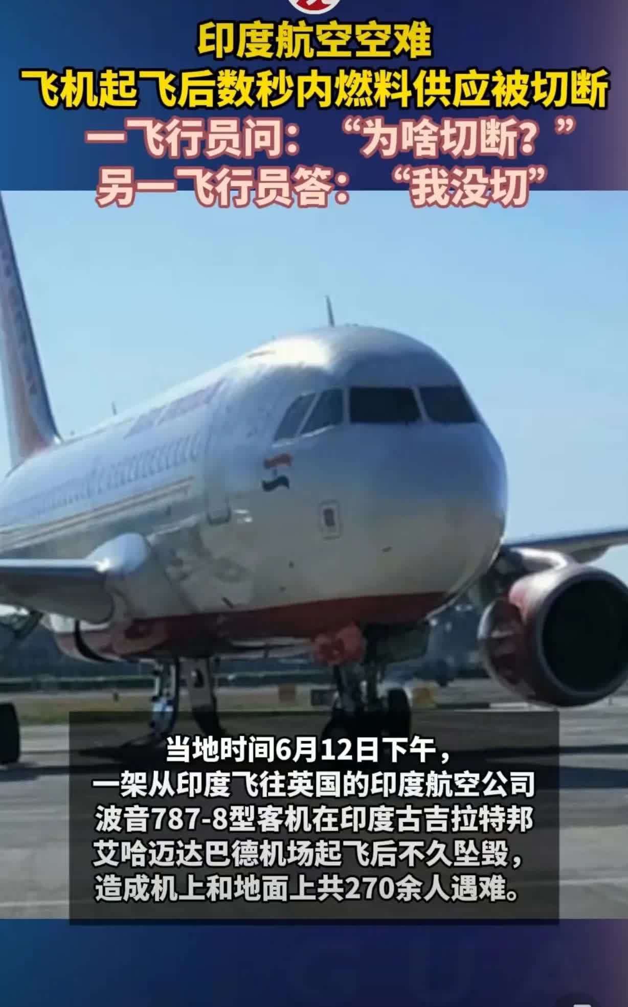 印度航空空难，飞机起飞后数秒内燃料供应被切断，一飞行员问：“为啥切断？”另一飞