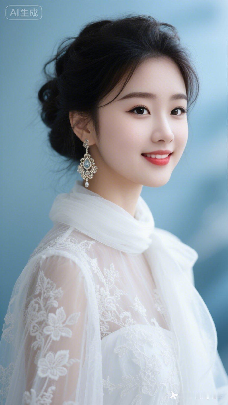 优雅新娘妆，精致蕾丝婚纱，甜美笑容，梦幻蓝背景，AI生成美照