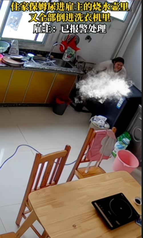 一住家保姆，把尿尿进雇主的烧水壶里，又全部倒进洗衣机里，倒完后若无其事放回原位。