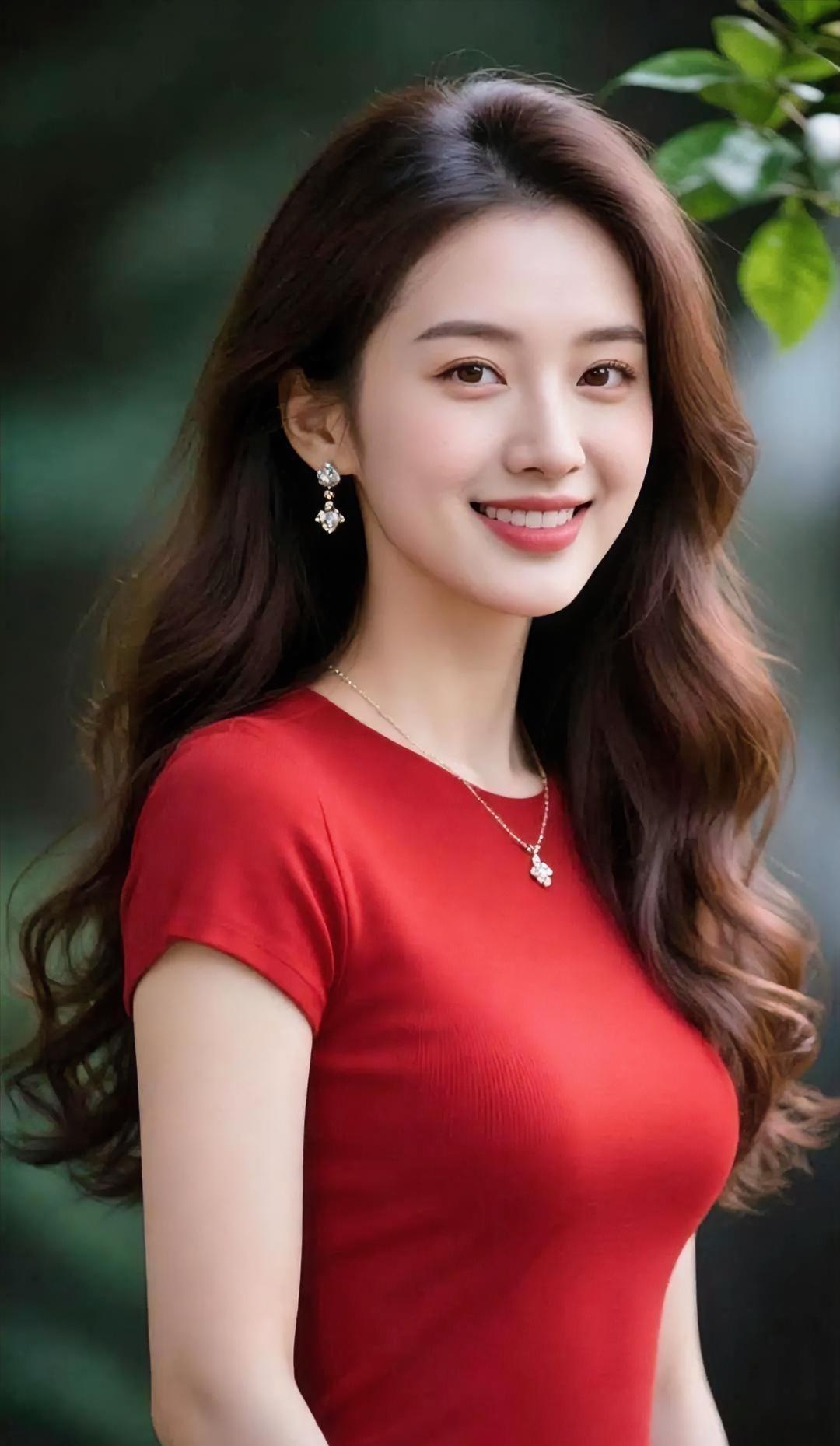 《红裙与绿意》深绿晕染的背景里，你着一袭红，如花般明艳。卷发轻垂，