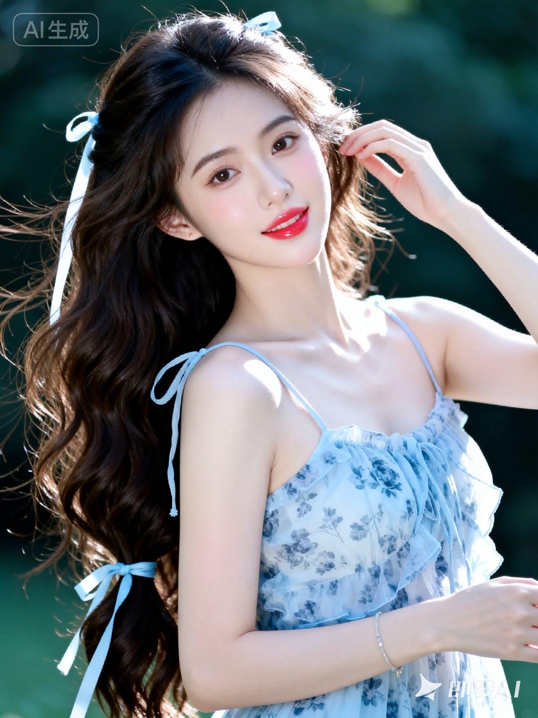 夏日清新少女风，蓝花裙摆飘逸，阳光下的甜美笑容