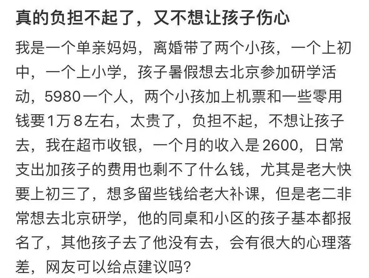 这点收入带两个孩子确实有点吃力了。