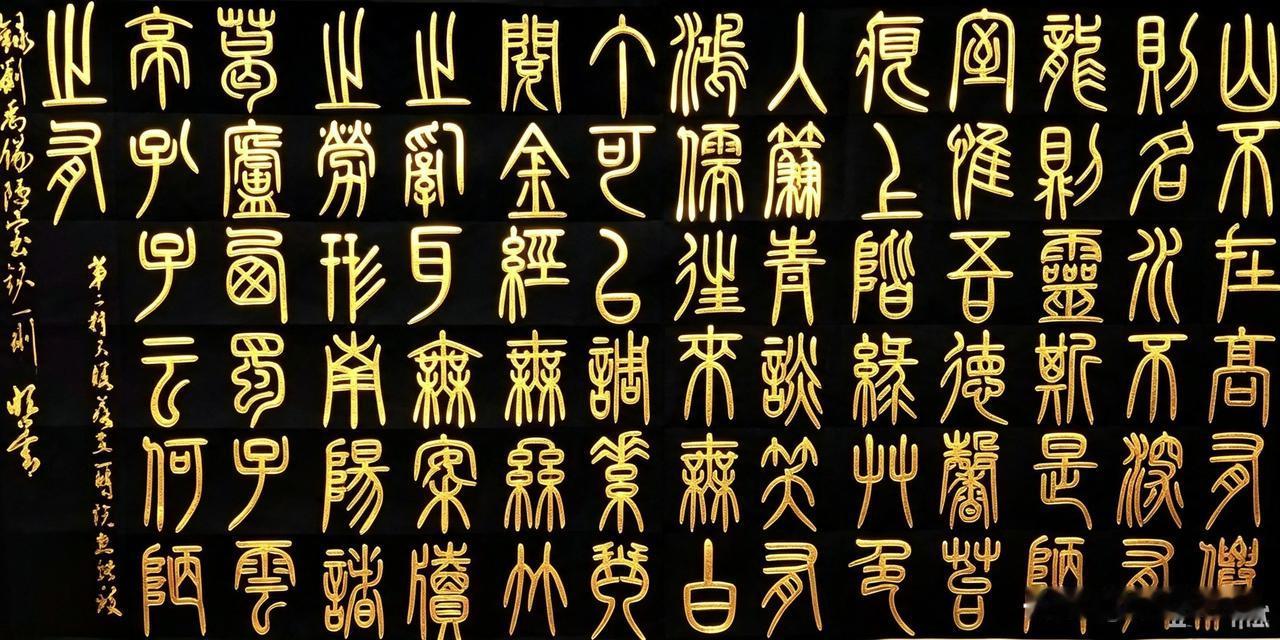 一幅黑底金字小篆《陋室铭》，端庄雅致。线条匀净流畅，篆书古韵满满。刘禹锡千古名