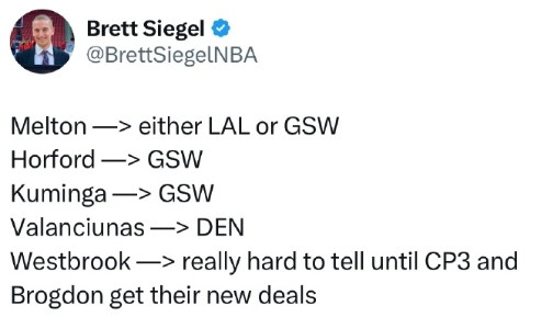 NBA记者BrettSiegel谈几位自由球员下家：梅尔顿——要么去湖人，
