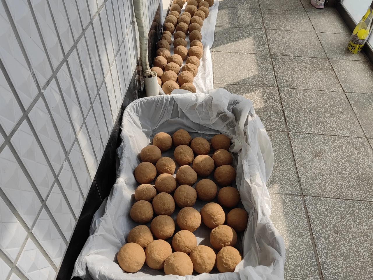 朋友们，你们知道笸箩里的大圆球是什么吗？今天早晨，老伴就开始张罗人，叫了四个帮