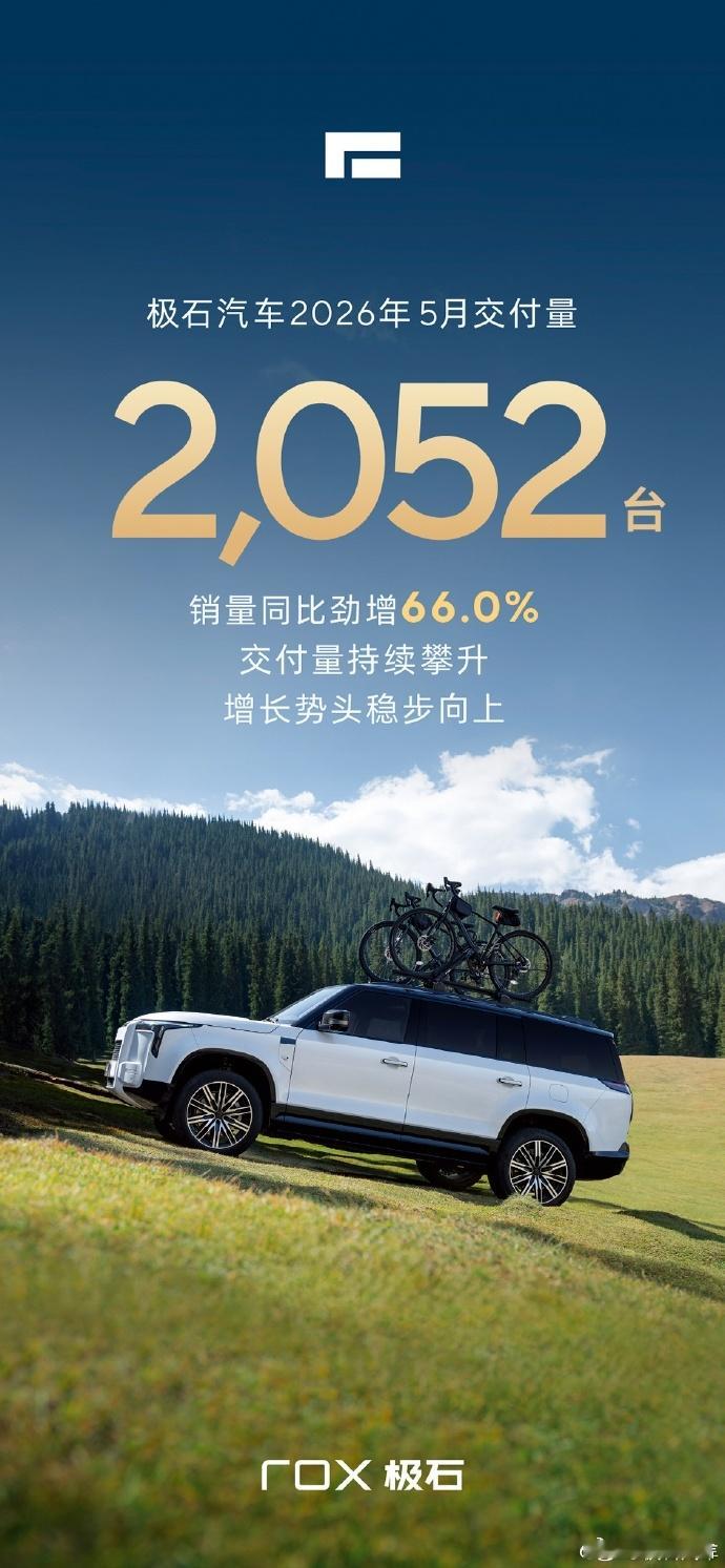 极石汽车5月交付2052台极石汽车公布最新月度销量成绩，2026年5月共交付新车