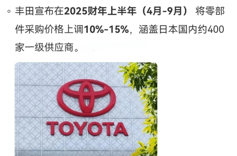 丰田宣布零部件采购价格上调10%-15%，涵盖其国内400多家一级供应商！看完