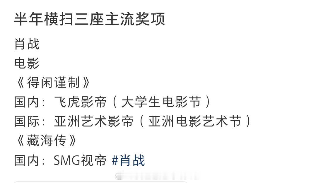 肖战半年横扫三座主流奖项，smg视帝+大影节影帝+亚洲艺术电影节影帝，什么水平？