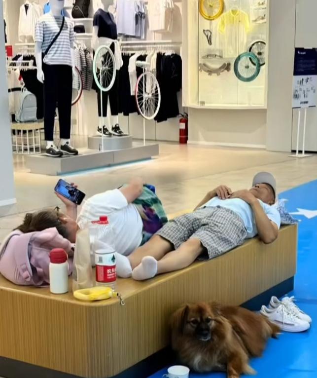 这一家三口真会享受啊，大暑天睡在商场的休息平台上，吹着凉爽的冷气，丈夫鞋子一蹬，