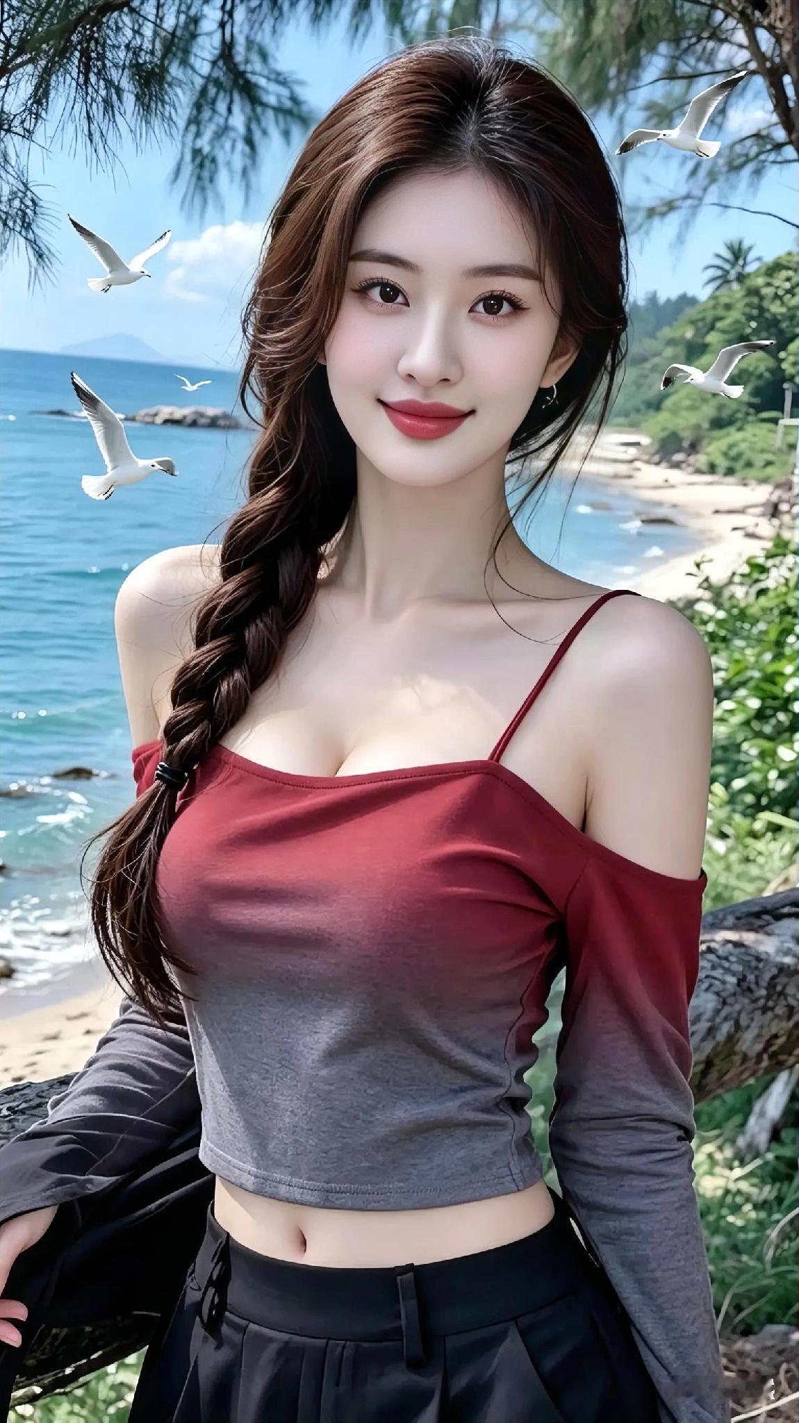 海边少女，红发辫飘逸，海鸥相伴，夏日风情海边元气少女海滩长发风海滩活力