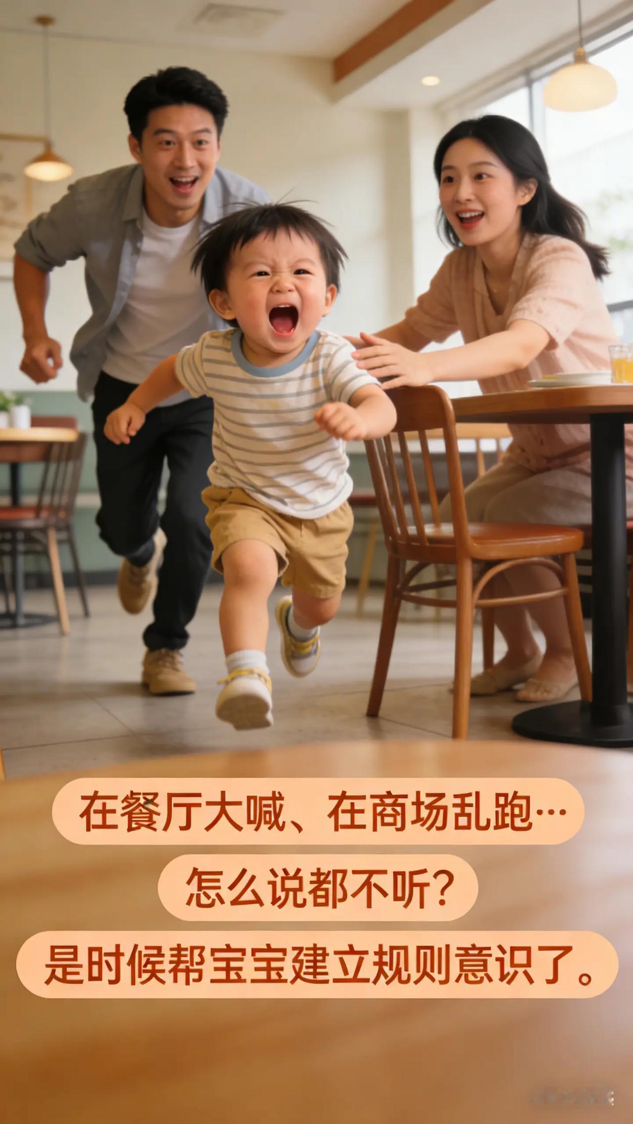 婴幼儿情绪引导：9.建立宝宝的规则意识。宝宝在公共场所大声喧哗、乱跑，家长制止也