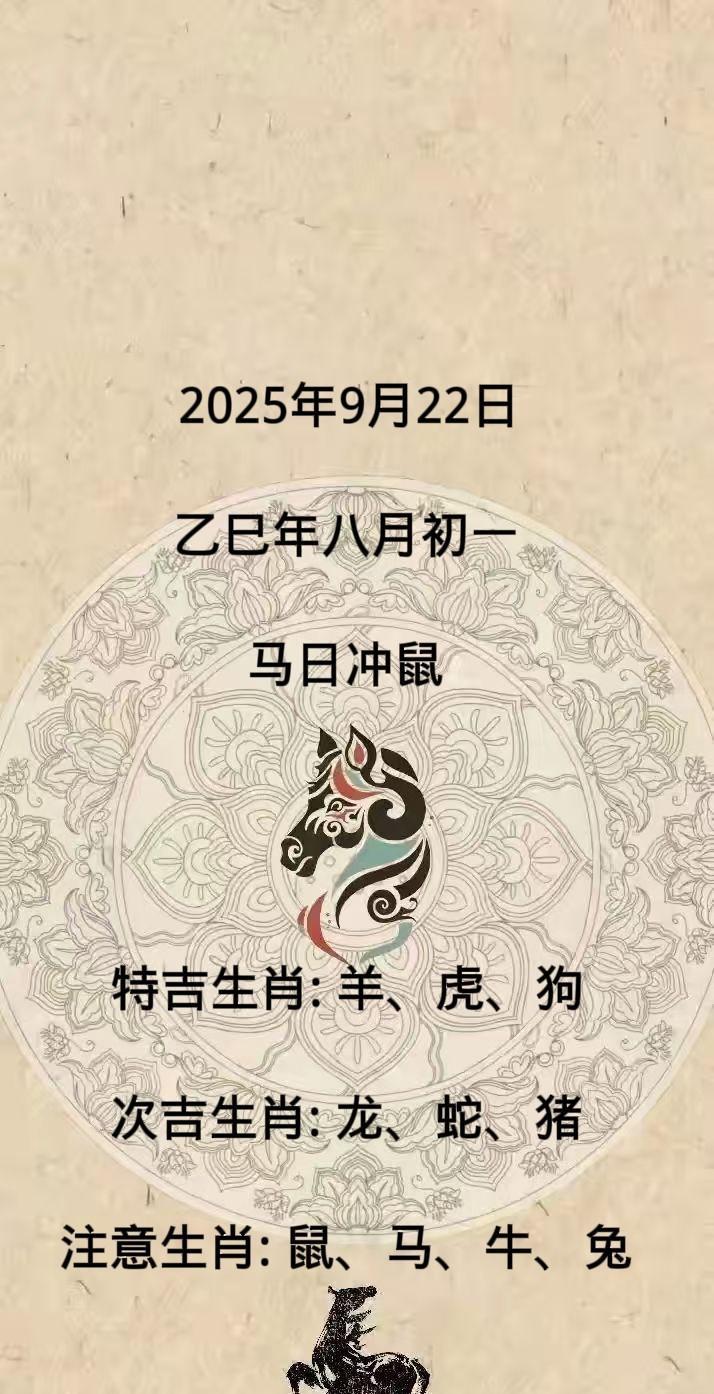 2025年9月22日乙巳年八月初一马日冲鼠特吉生肖:羊、虎、狗次吉生肖