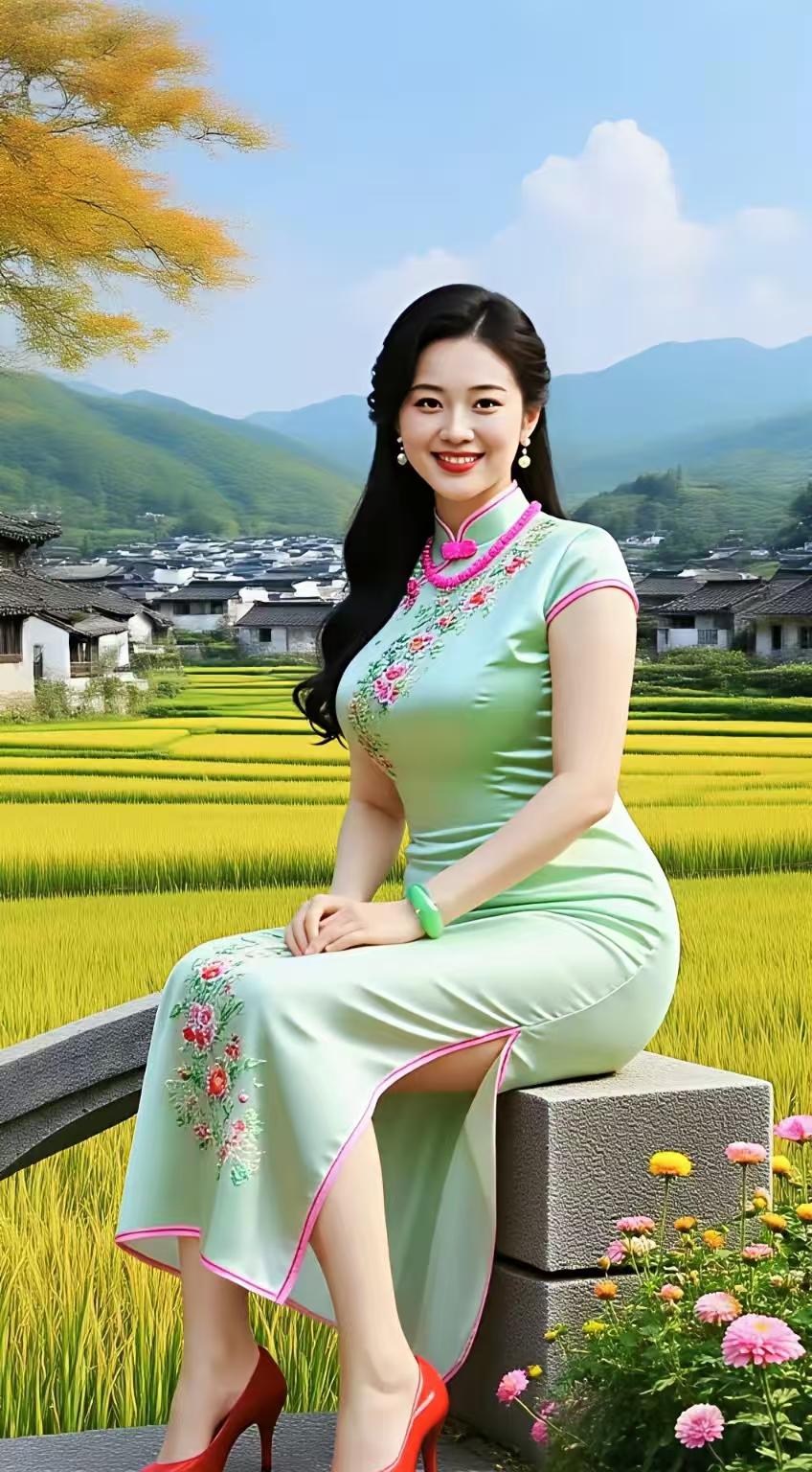 田园旗袍姑娘田园秀色韵悠长，旗袍佳人意态芳。翠影红妆相映衬，宛如诗画梦流