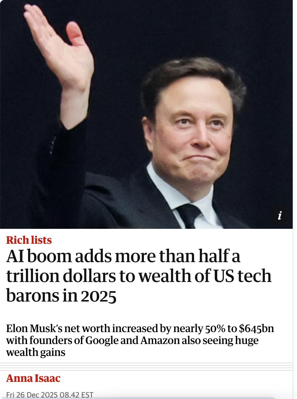 外媒：2025年，AI公司股市繁荣使美国科技巨头财富大幅增长。据彭博数据，截至圣