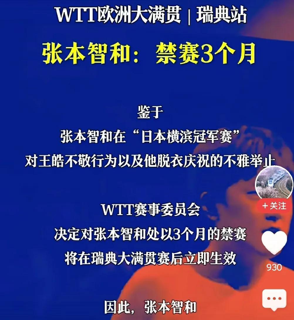 后张本被处罚，禁赛三月。从张本此次赛后的一系列表现来看，张本以及他的家人对于目