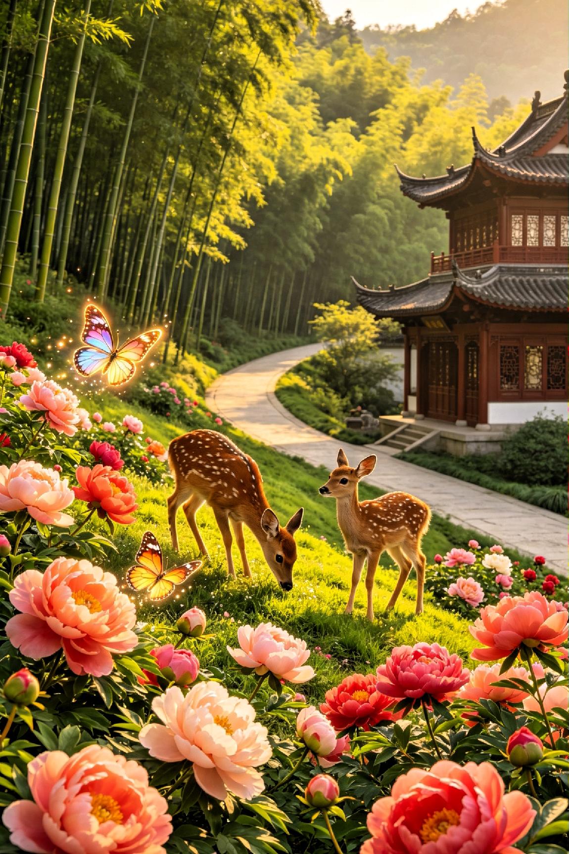 《郊麓牡丹胜景》层峦叠翠拥芳丛，万朵丹葩映晓风。艳质凝霞舒锦瓣，娇姿