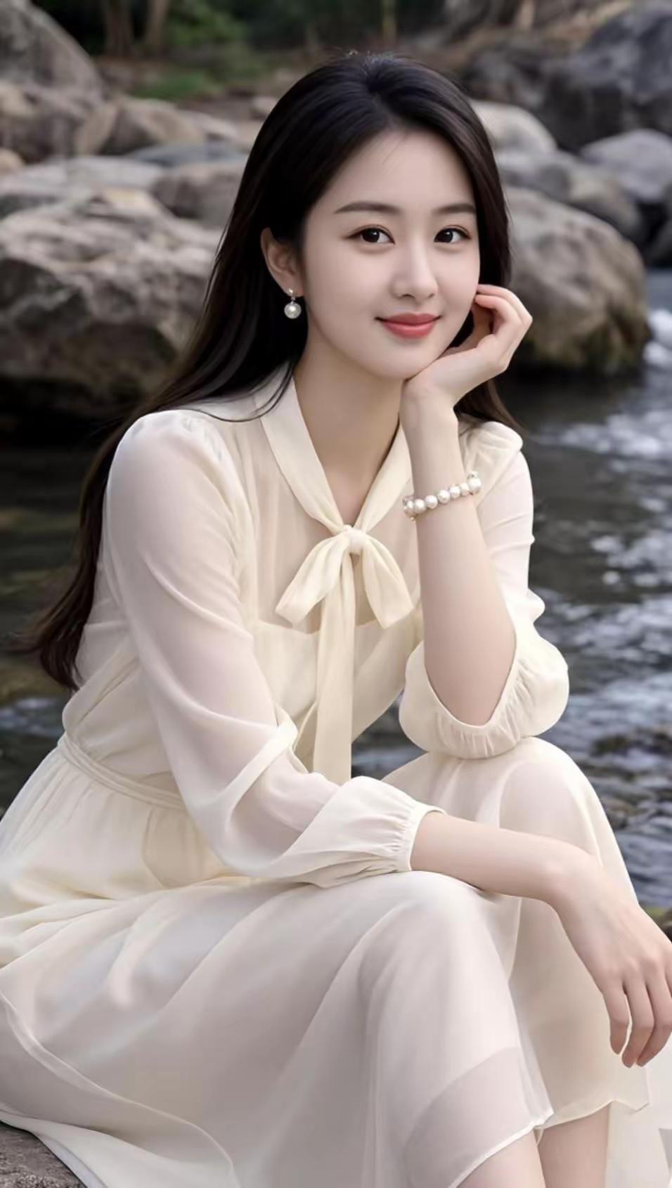 在溪流边，温柔的她，浅笑如花。