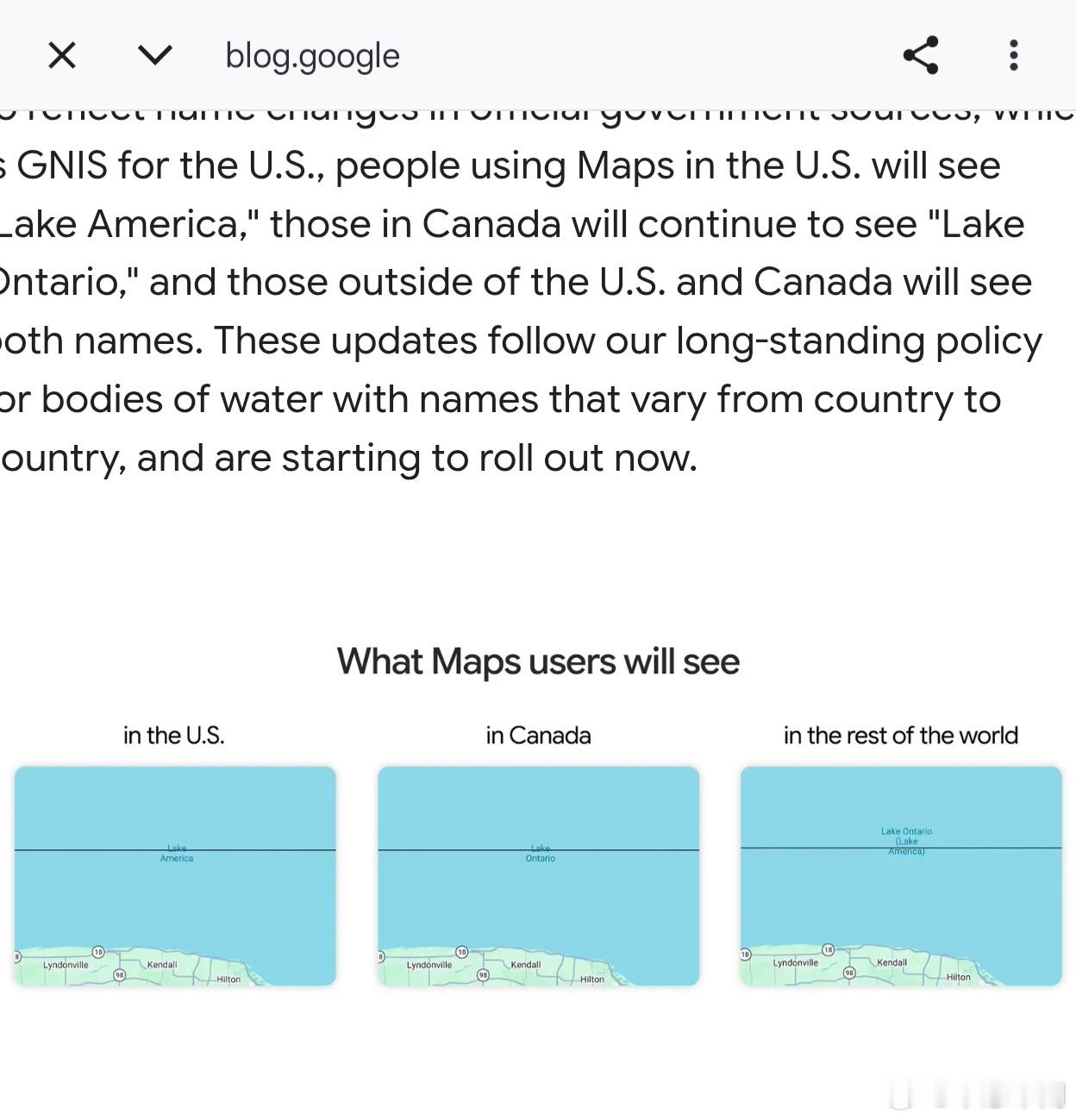 Google对安大略湖的名称更改进行了说明：美国使用者显示LAKEAMERI
