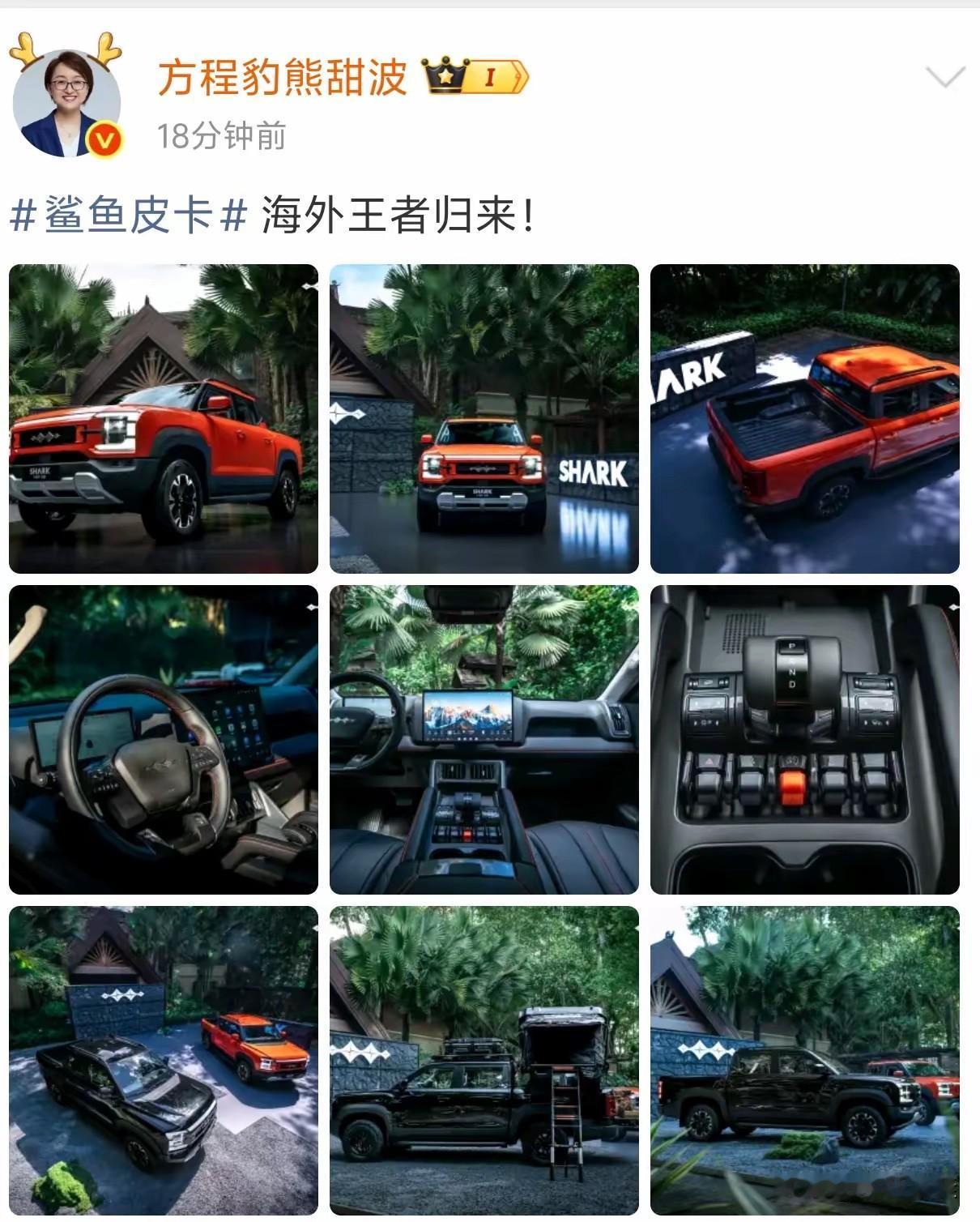 天呐，方程豹的销量估计还要涨！来自方程豹总熊甜波分享鲨鱼皮卡图，并配文海外王者