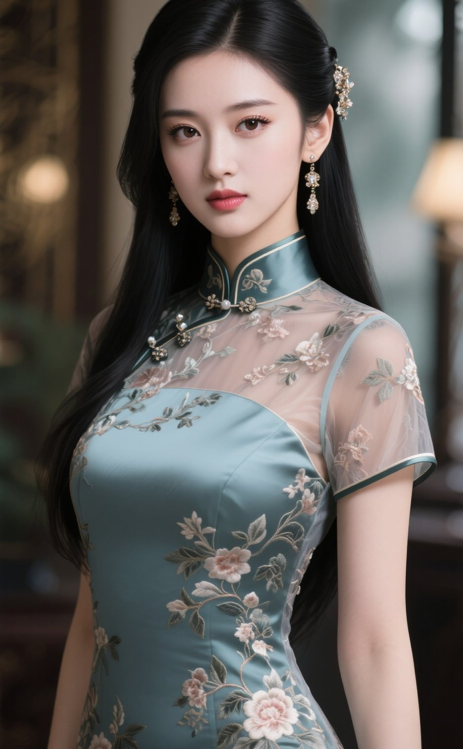 俏丽佳人旗袍裹身，纤秾合度美不胜收
