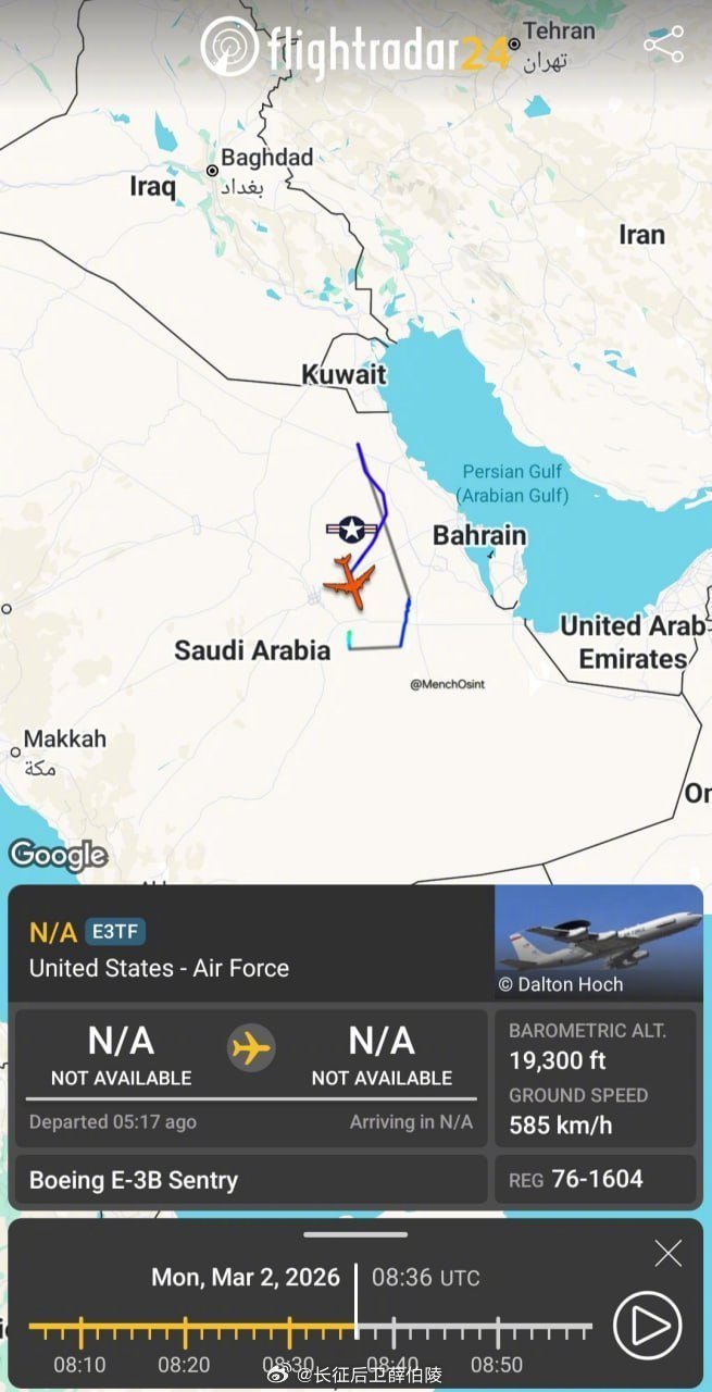 美国空军E-3G“哨兵”预警机（76-1604）返回沙特阿拉伯苏丹王子空军基地。