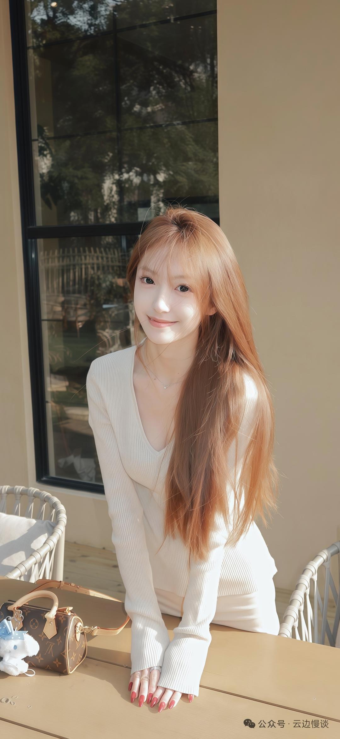 阳光下的甜美女孩，白色毛衣与红色指甲的完美搭配，温暖而迷人。