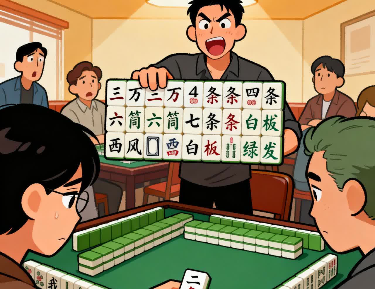 今天在麻将馆里打麻将，被一个小丫头片子骗了！我坐她上家，打出来一个三条，她亮出一