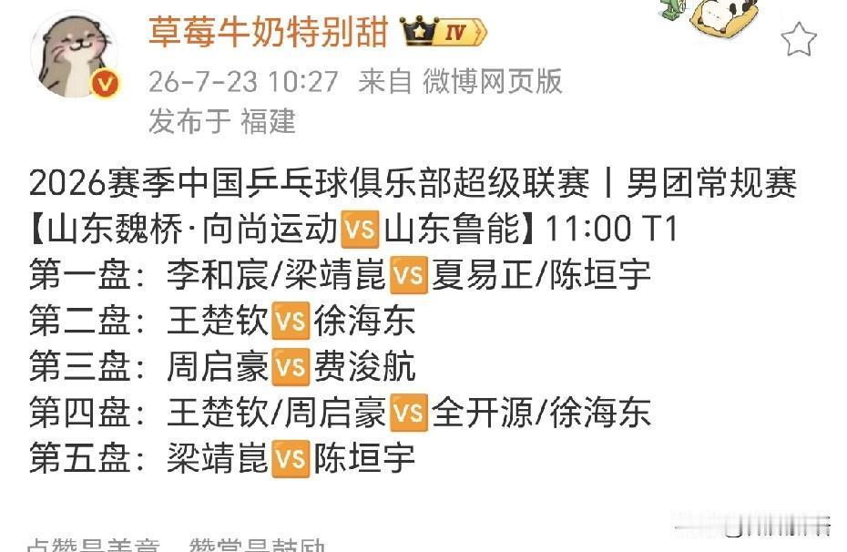 王楚钦穿这件白色的训练服挺好看。刚刚看到山东魏桥和山东鲁能的对阵表出来了，第一