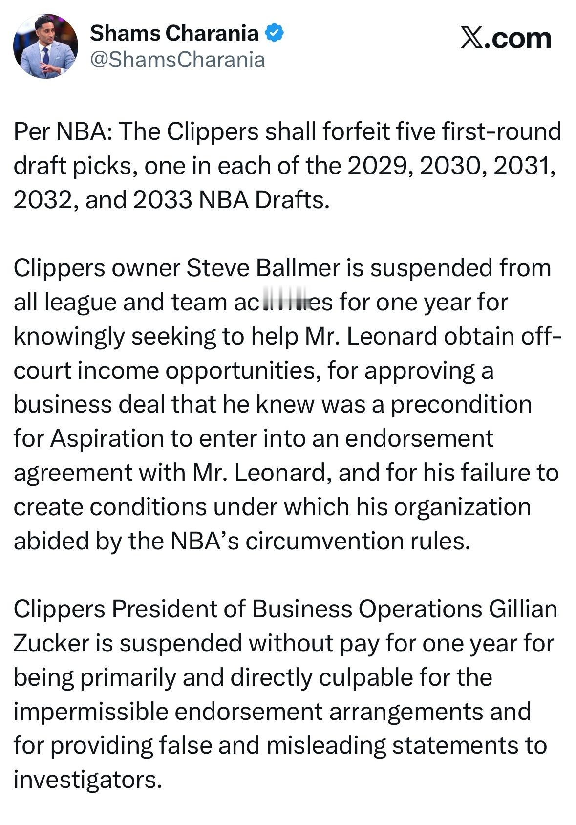 Shams：NBA官方公告：快船队将丧失5个首轮选秀权，分别为2029、2030
