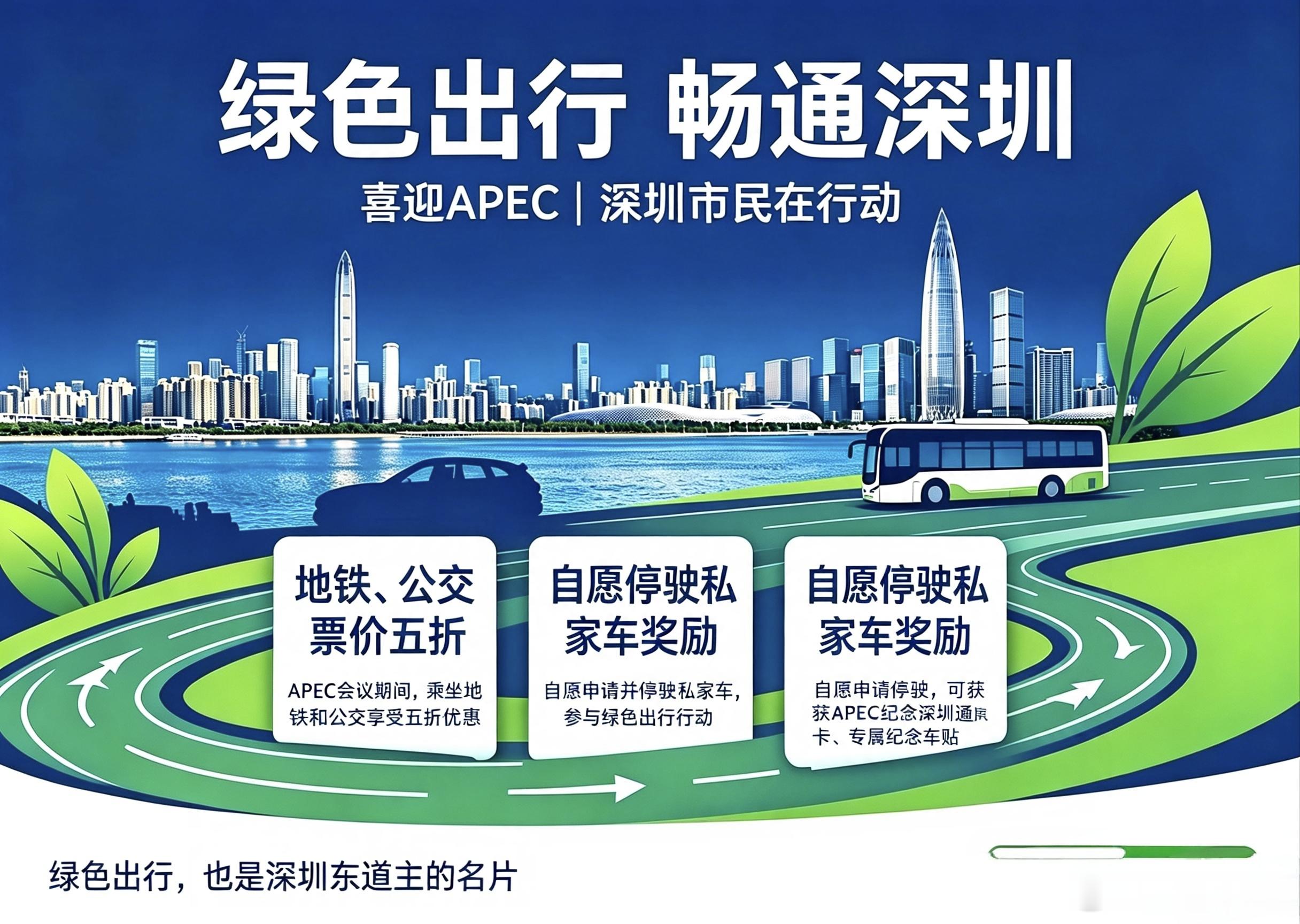 深圳APEC会议期间，公交和地铁打5折！！！自愿申请并停驶私家车的市民，发放具有
