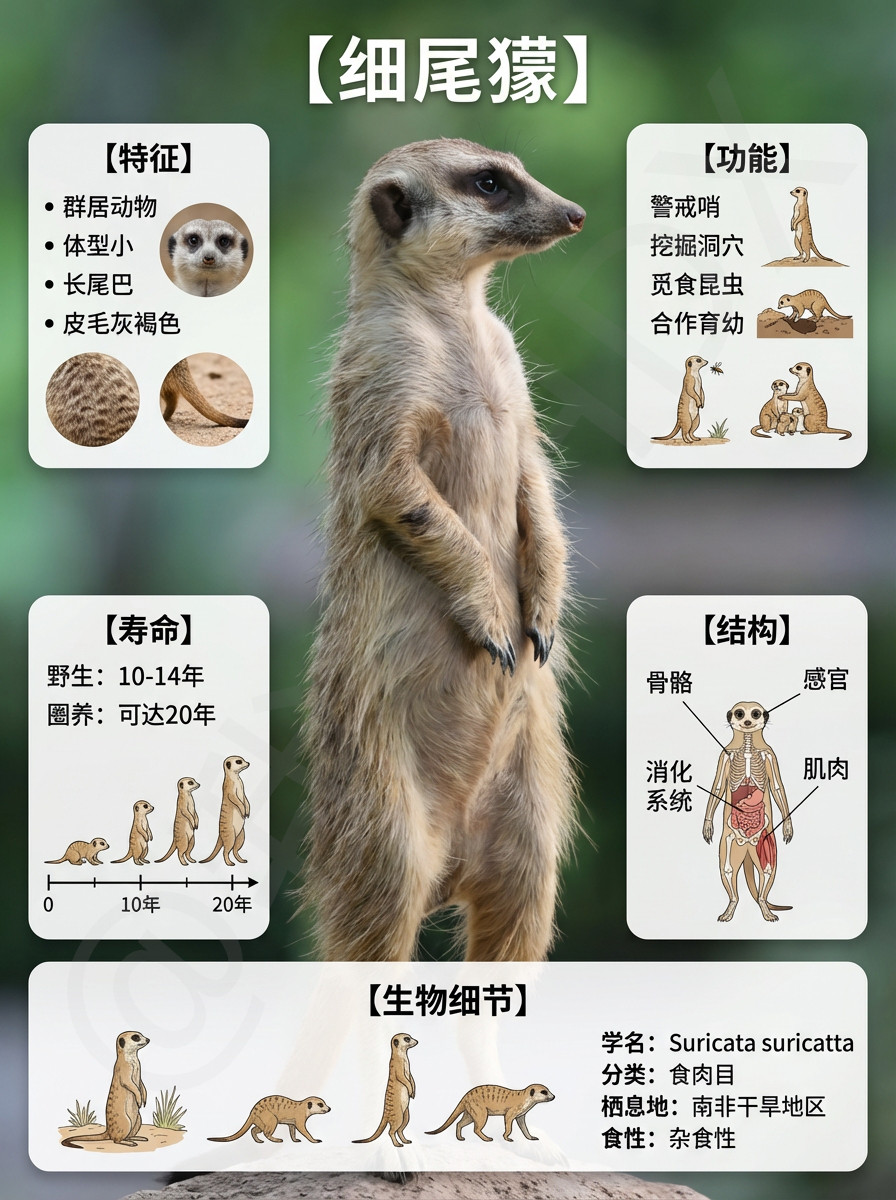 我AI的动物😎宝子们，今天来认识超有趣的细尾獴！它们就像一群活泼的小哨兵👀