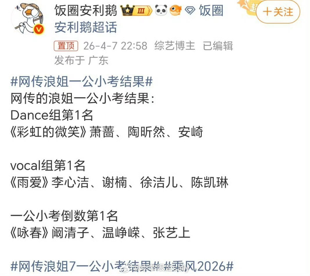 网传的浪姐一公小考结果出来了