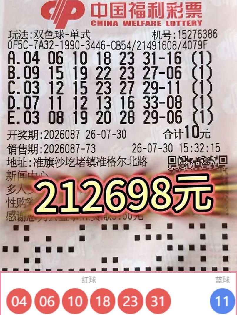 双色球第26087期开奖，内蒙古鄂尔多斯的一位彩民凭借一张机选五注单式票，意外收