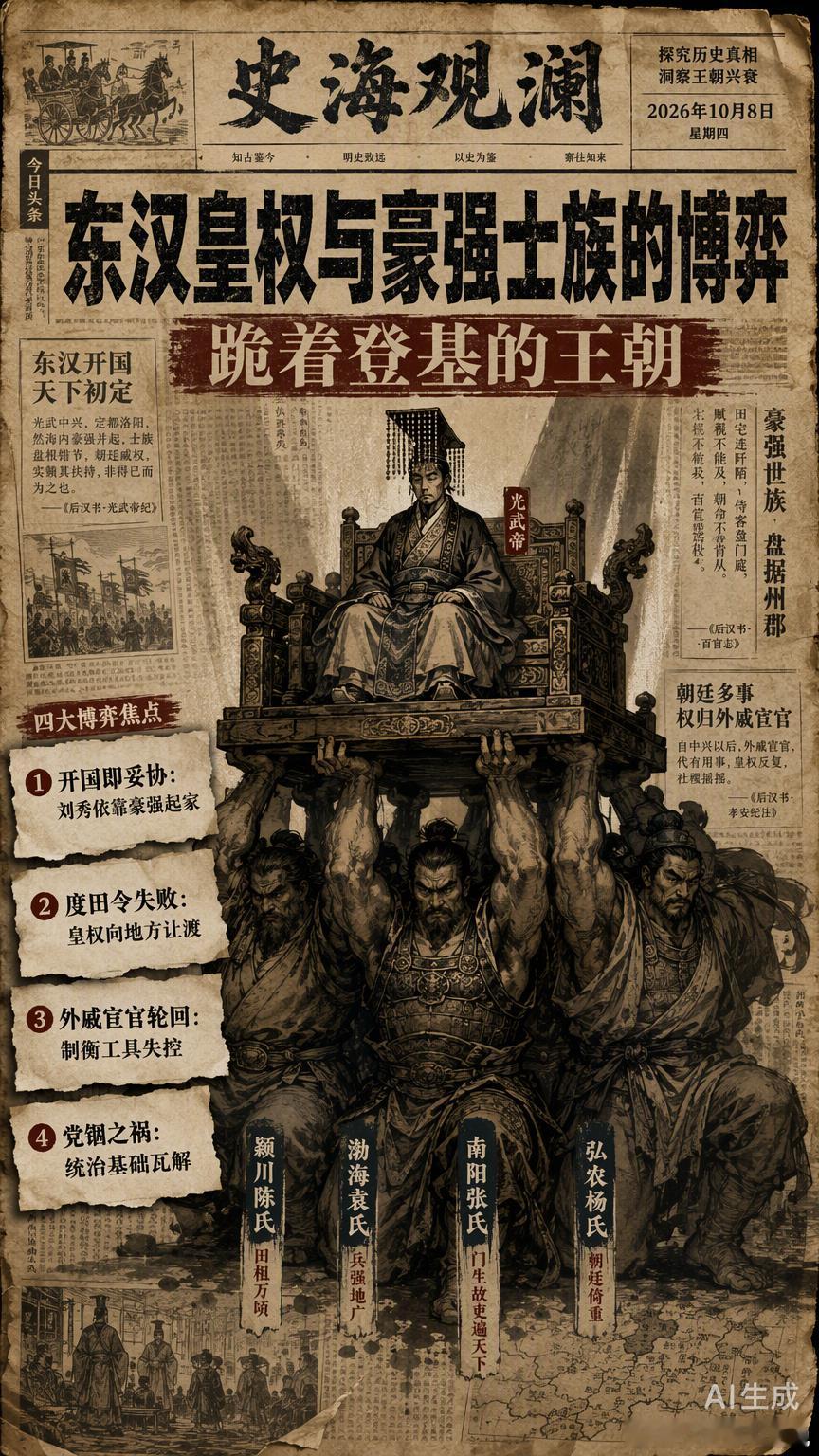 很多人看东汉，总觉得是皇权一步步衰微。其实倒过来看更准：东汉的皇权从建国第一天起