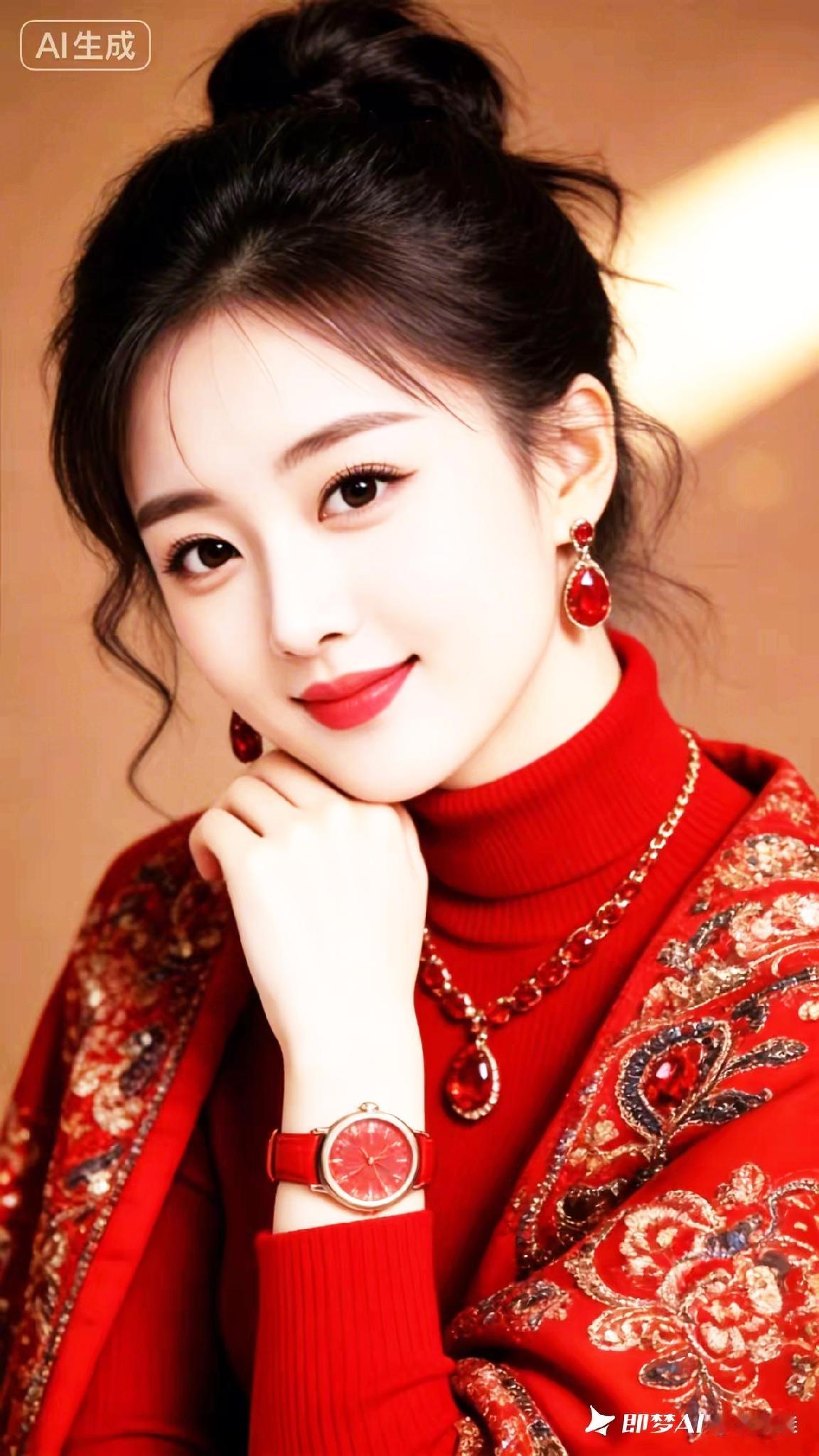 优雅红衣，闪耀耳环，时尚腕表，尽显魅力！