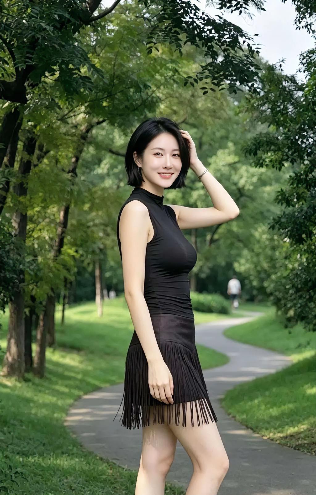 黑裙曳流苏，短发迎风舞。手轻理云鬓，笑落林荫路。弯弯小径处，