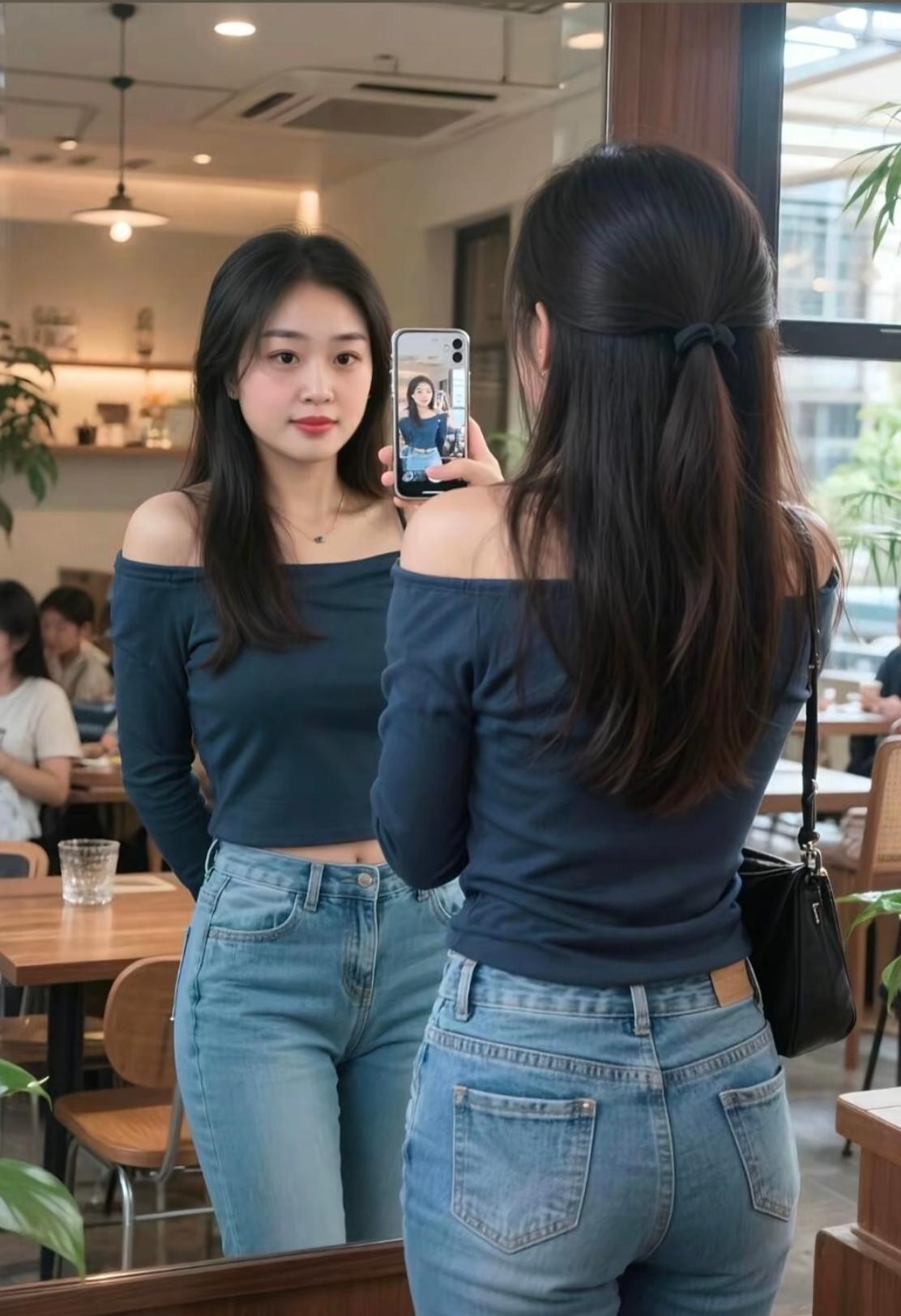简直一模一样，姐姐给妹妹拍照。