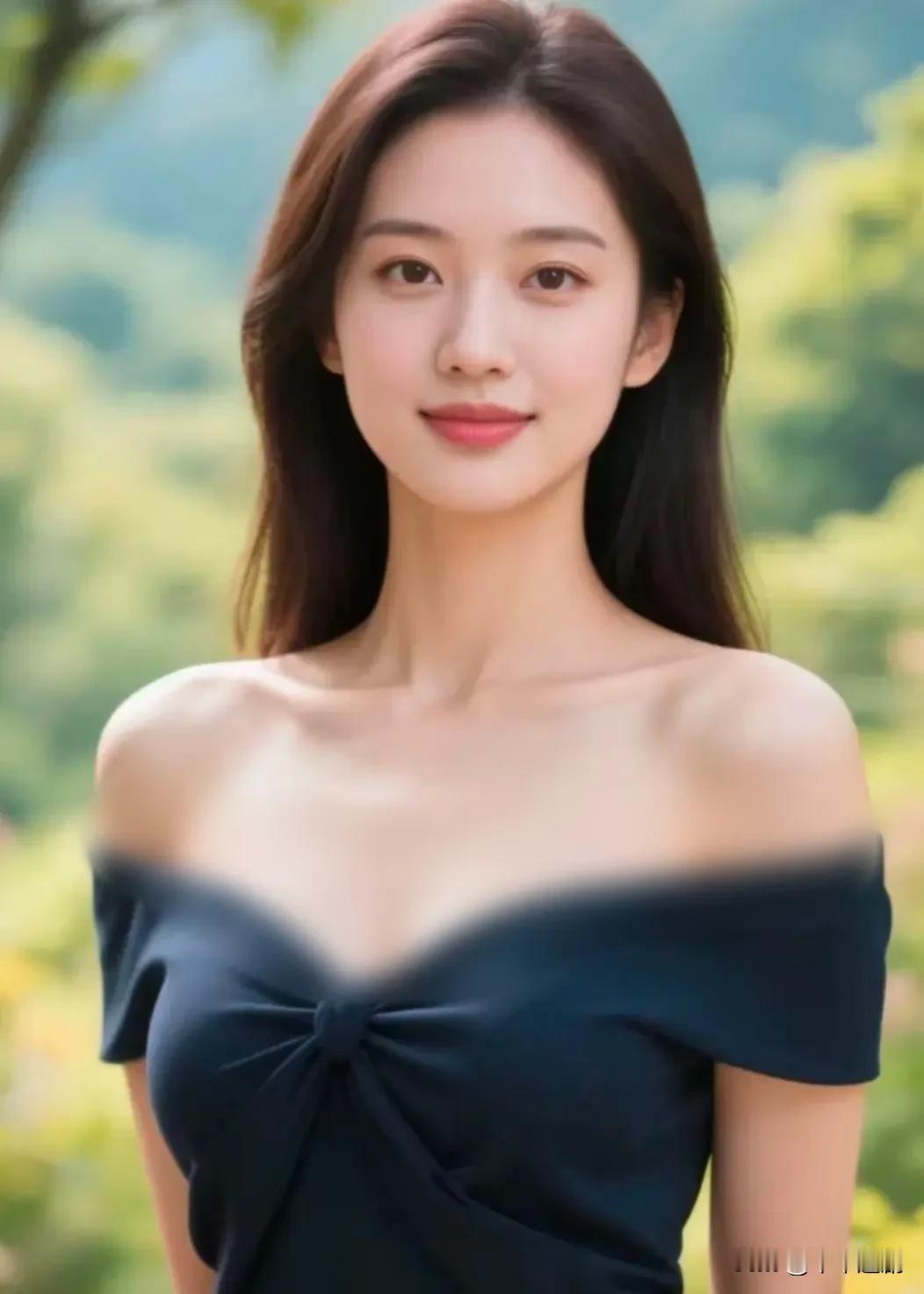 山林绿意漫过肩头，一袭墨蓝衬得眉眼温柔，风里都是松弛的清甜，此刻只做自然里的松弛