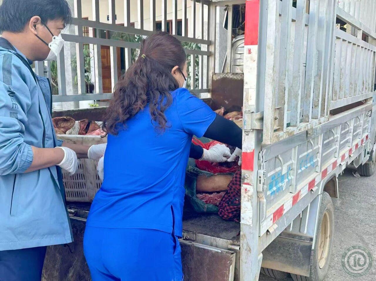 缅北果敢地区烧毁大量变质猪肉！这批变质猪肉是小贩从佤邦南邓地区买进，之后在果