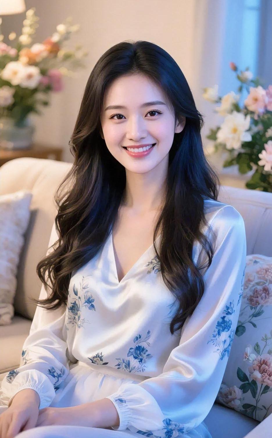 柔光轻洒，碎花白裙映脸颊。长发微卷，笑意温暖如春花。花香伴着好时