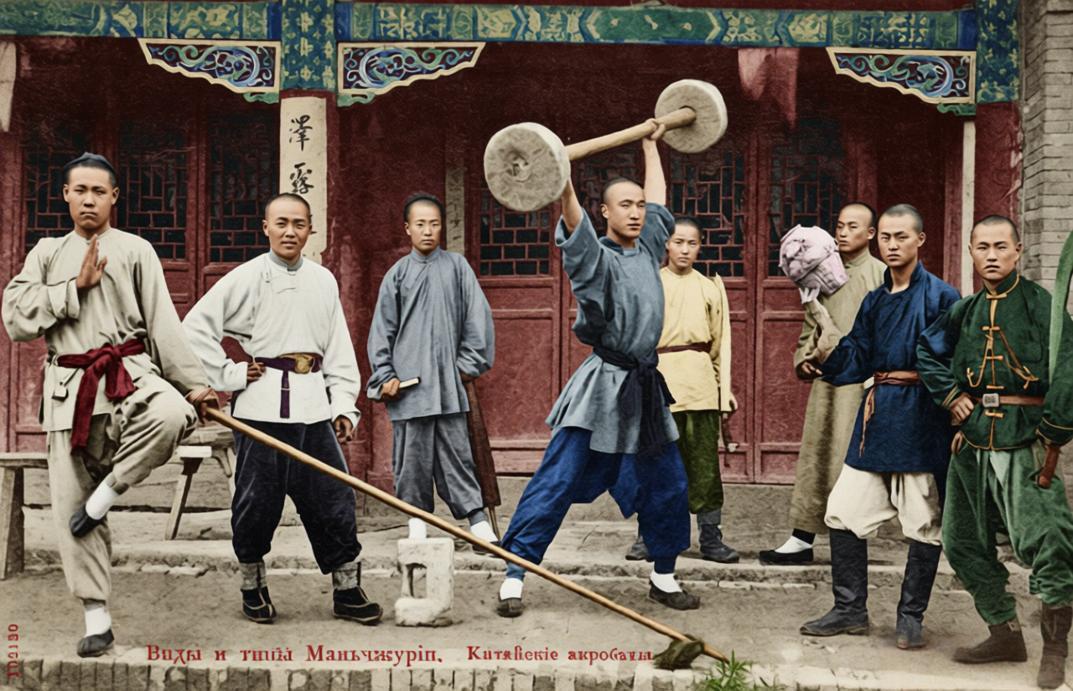 这张照片记录的是晚清民间武术练习者的训练展示场景，门旁牌匾题“泽露”，应为武馆、