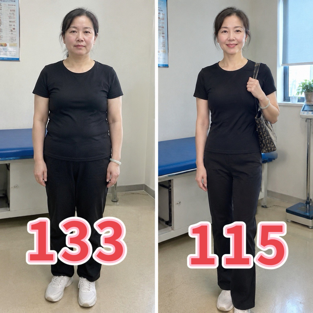 48岁的刘女士来复诊，133→115，内脏脂肪从13级降到9级，没饿肚子，也没去健身房，只是做了这4