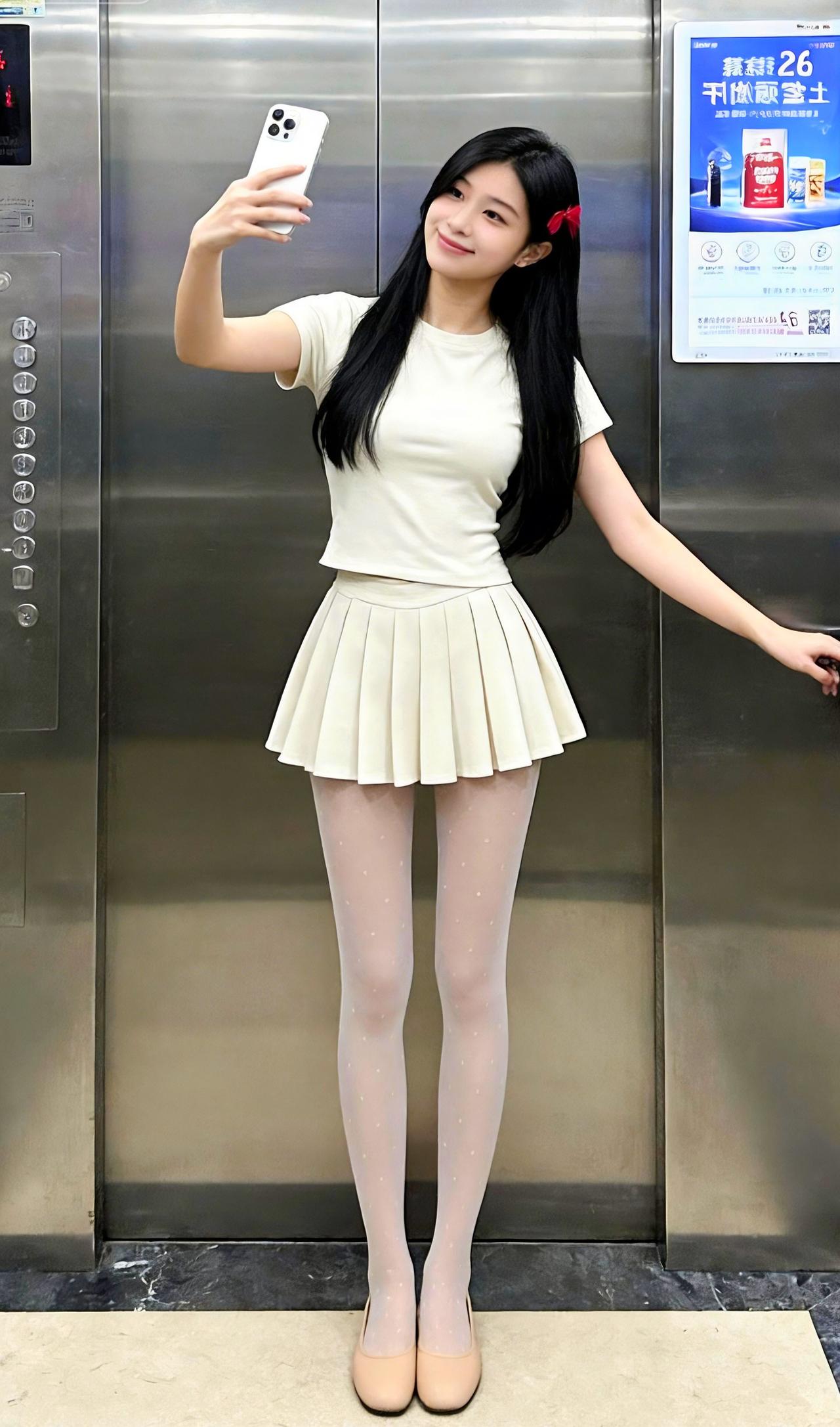 是你的理想女朋友吗甜妹日常穿搭分享百褶裙少女电梯自拍