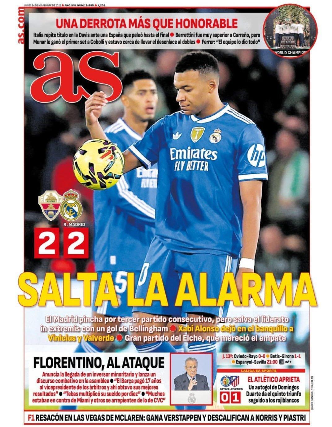 《阿斯》敲响警报皇马连续三场不胜，最后时刻靠贝林厄姆的进球保住榜首位置阿隆索让维