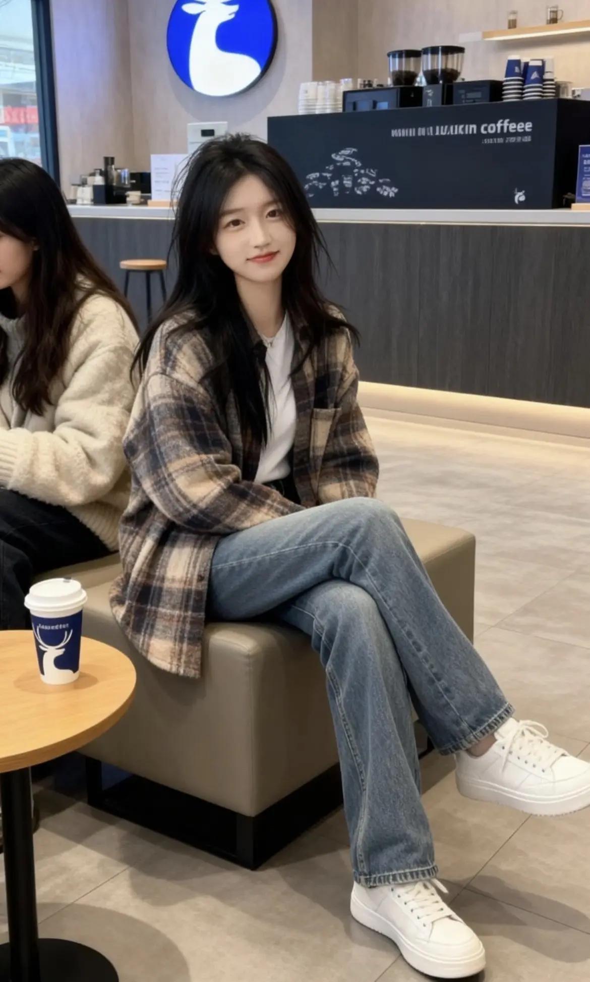 咖啡续命时间+牛仔格子衫。穿搭咖啡馆拍照甜美女孩自拍