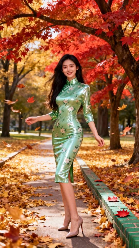 森林公园里摆拍的旗袍美女。旗袍高清美女