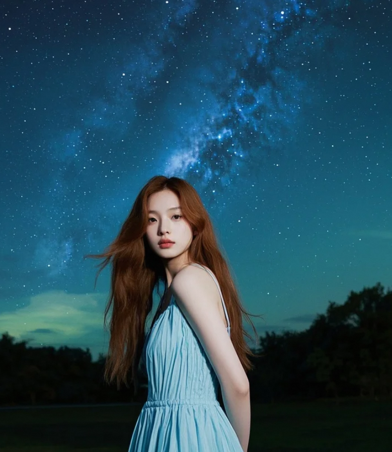 她站在那里，如同被星光环绕的梦境。
