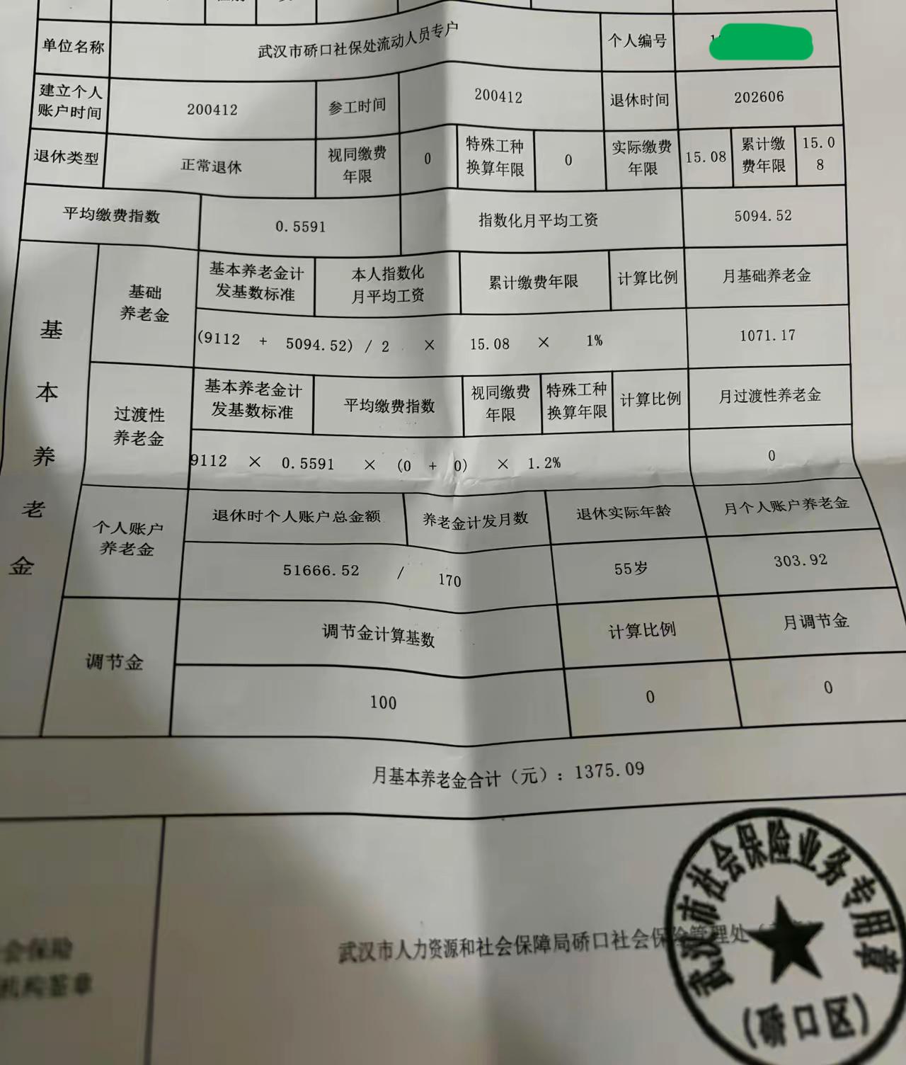 湖北省武汉市的养老保险待遇计算单。灵活就业人员，没上过一天班，养老保险交了15