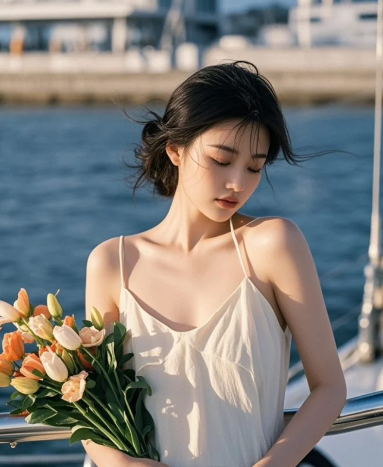 一束花映着她的脸庞，像是阳光赠予的温柔